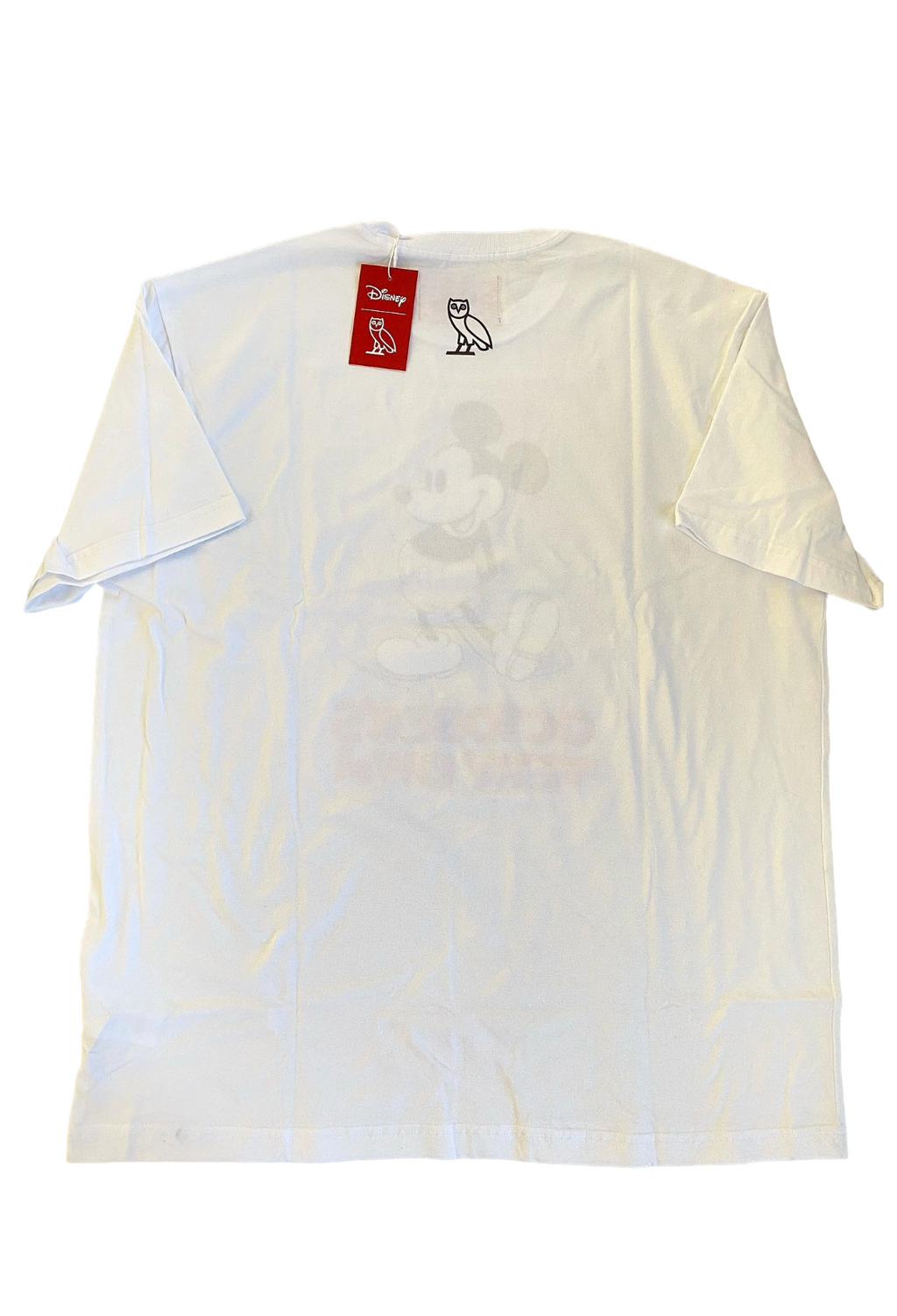 White t-shirt with a red tag on a white background OVO x Disney Classic Mickey Tee Raised Appliqué
