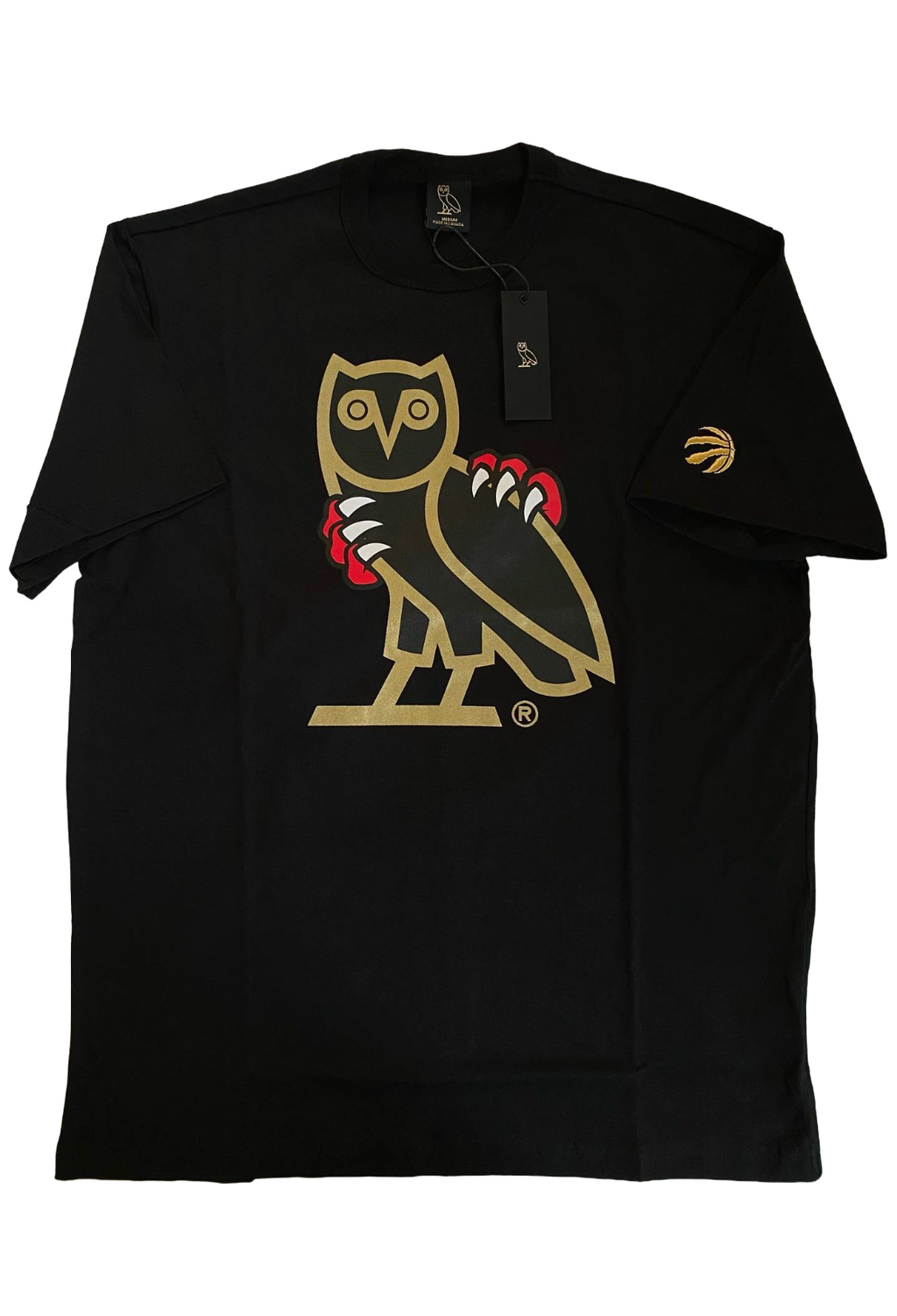 Black t-shirt with a gold owl logo on a white background OVO x Jurassic Park x Raptors