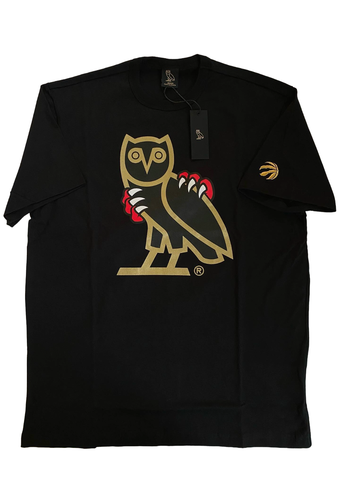 Black t-shirt with a gold owl logo on a white background OVO x Jurassic Park x Raptors