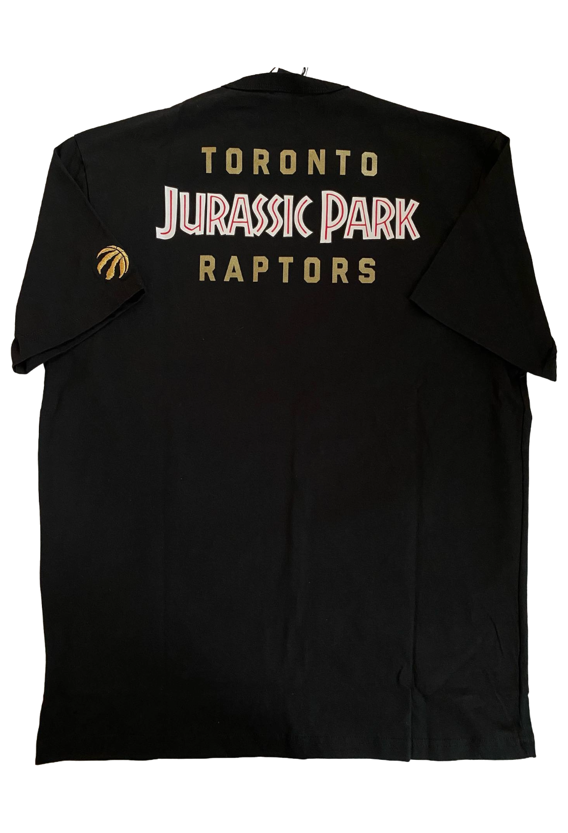 Black vest with 'Toronto Jurassic Park Raptors' text on the back. OVO x Jurassic Park x Raptors