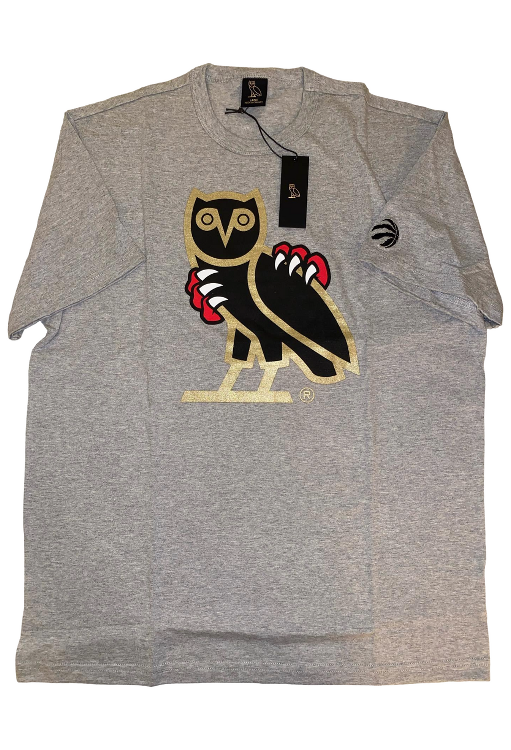 Gray t-shirt with a logo on a white background. OVO x Jurassic Park x Raptors