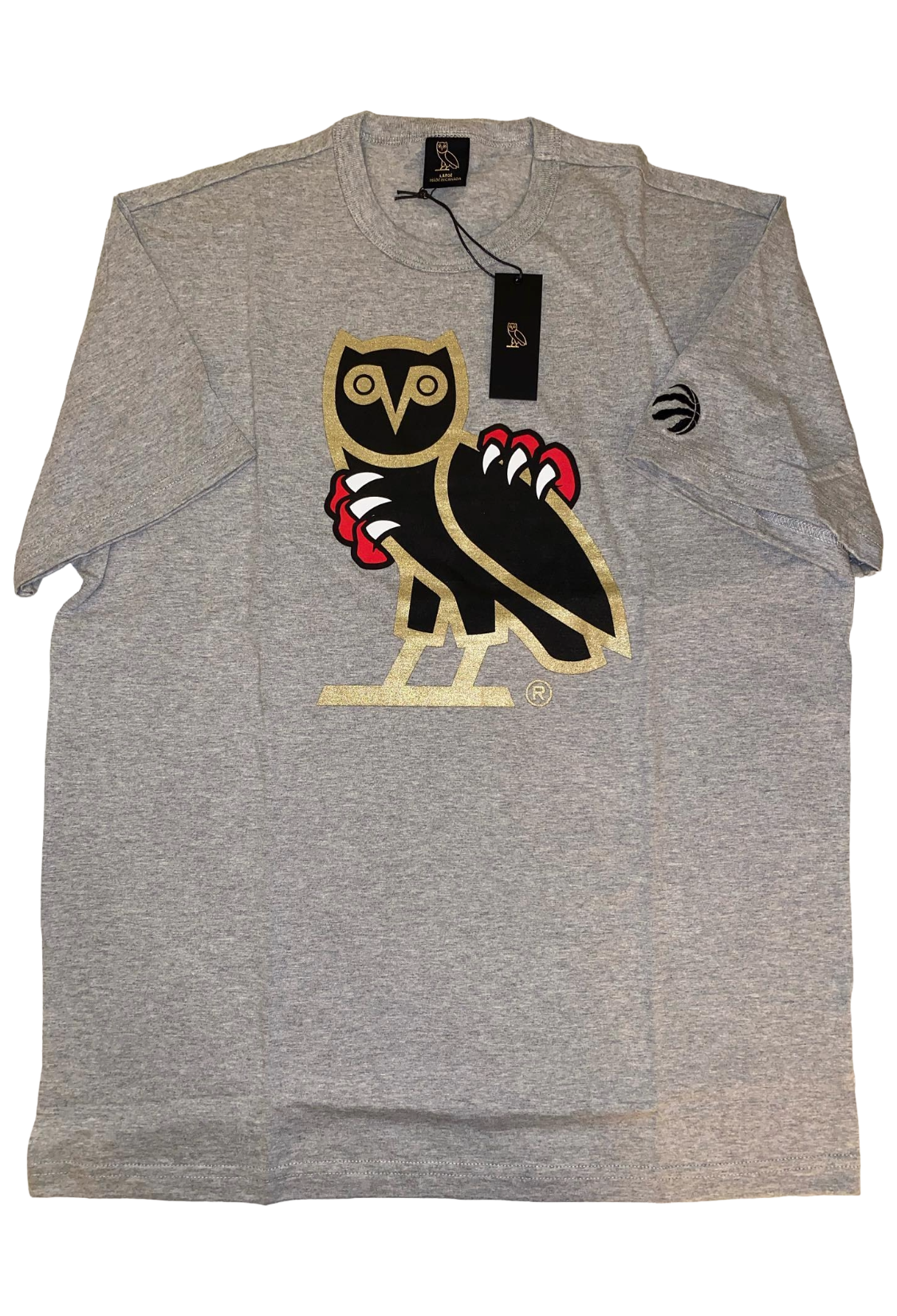Gray t-shirt with a logo on a white background. OVO x Jurassic Park x Raptors