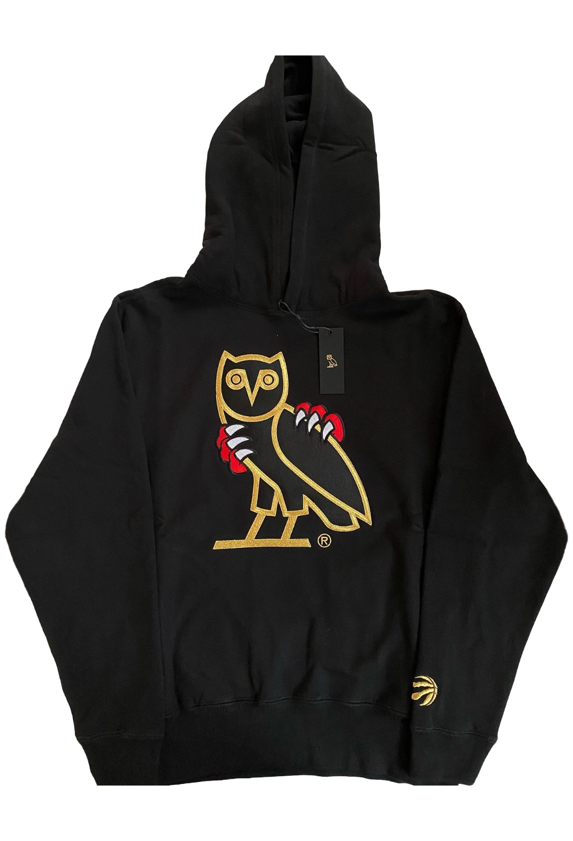 Black hoodie with a gold owl logo on a white background OVO x Jurassic Park x Raptors OG Owl Hoodie 2021