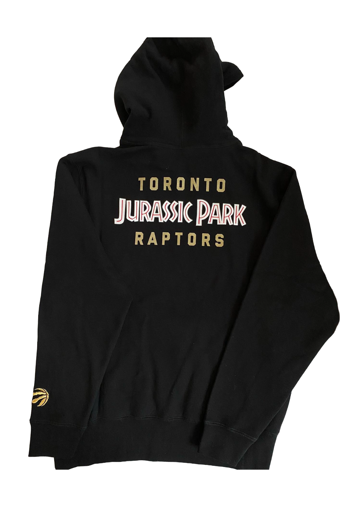 Black hoodie with 'Toronto Jurassic Park Raptors' text on a white background OVO x Jurassic Park x Raptors OG Owl Hoodie 2021