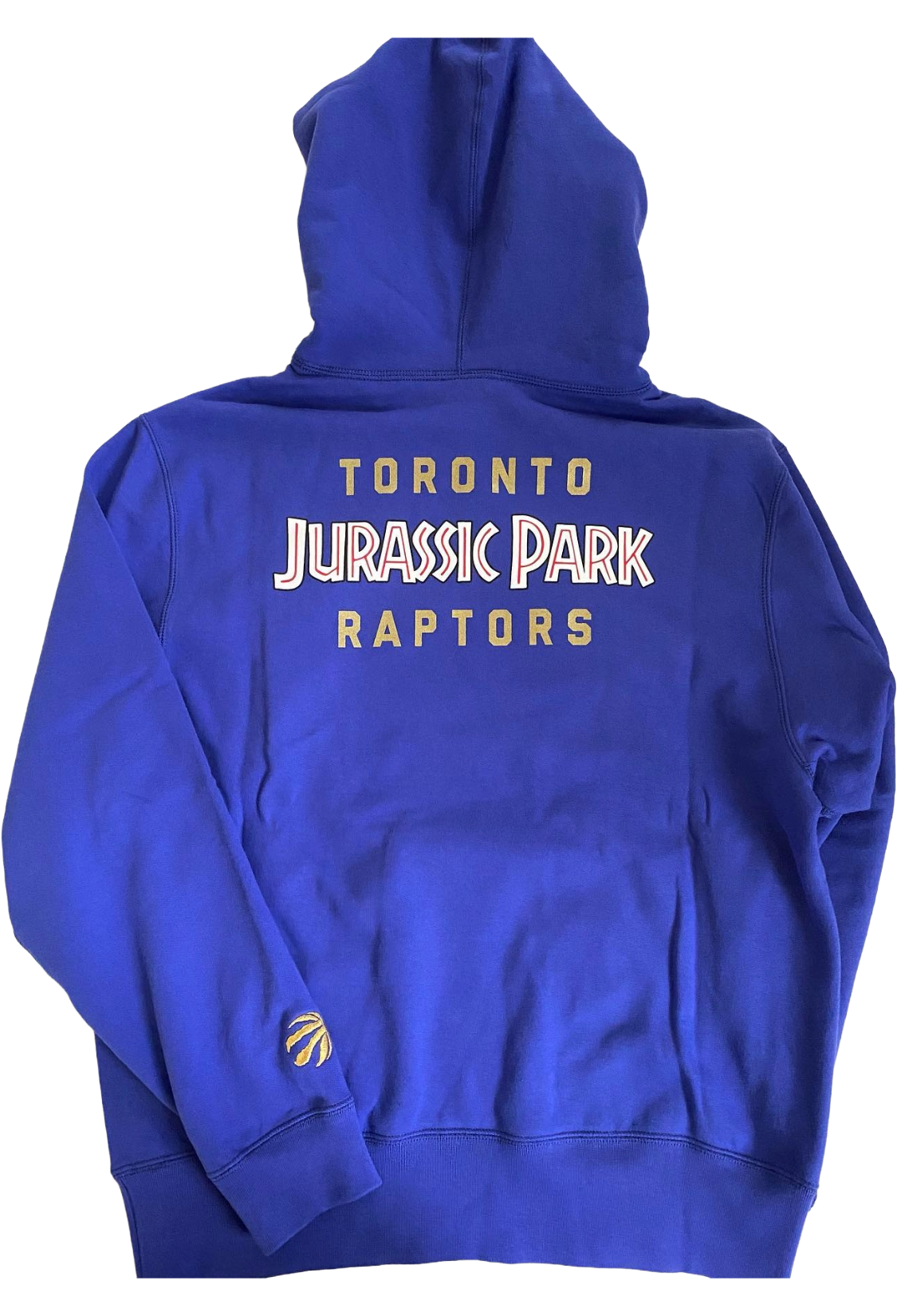 Blue hoodie with 'Toronto Jurassic Park Raptors' text on the back against a white background. OVO x Jurassic Park x Raptors OG Owl Hoodie 2021
