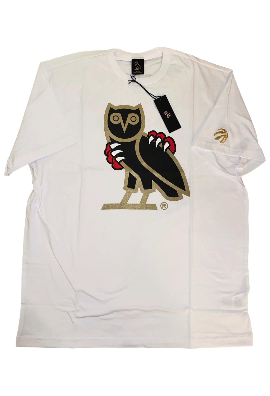 White t-shirt with owl graphic and brand logo on a white background OVO x Jurassic Park x Raptors