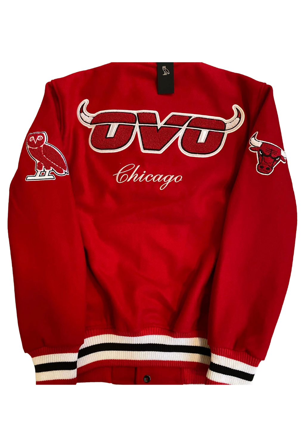 Red jacket with 'OVO' and 'Chicago' text on a white background OVO x NBA Chicago Bulls Championship Wool Varsity Jacket