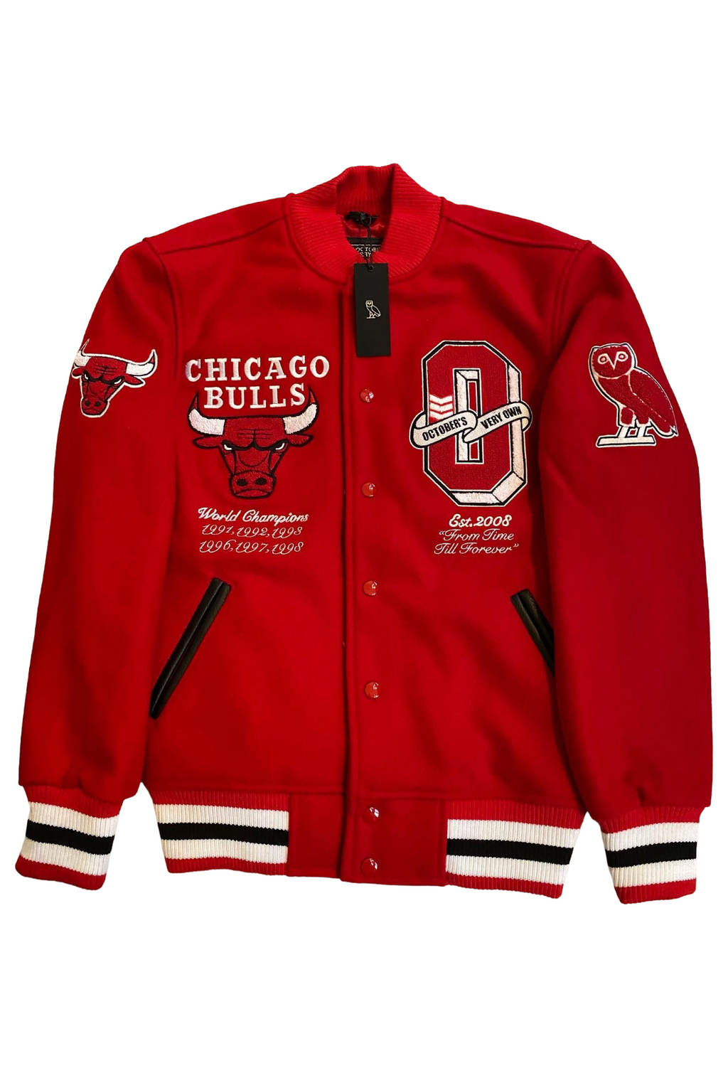 Red varsity jacket with multiple logos on a white background. OVO x NBA Chicago Bulls Championship Wool Varsity Jacket