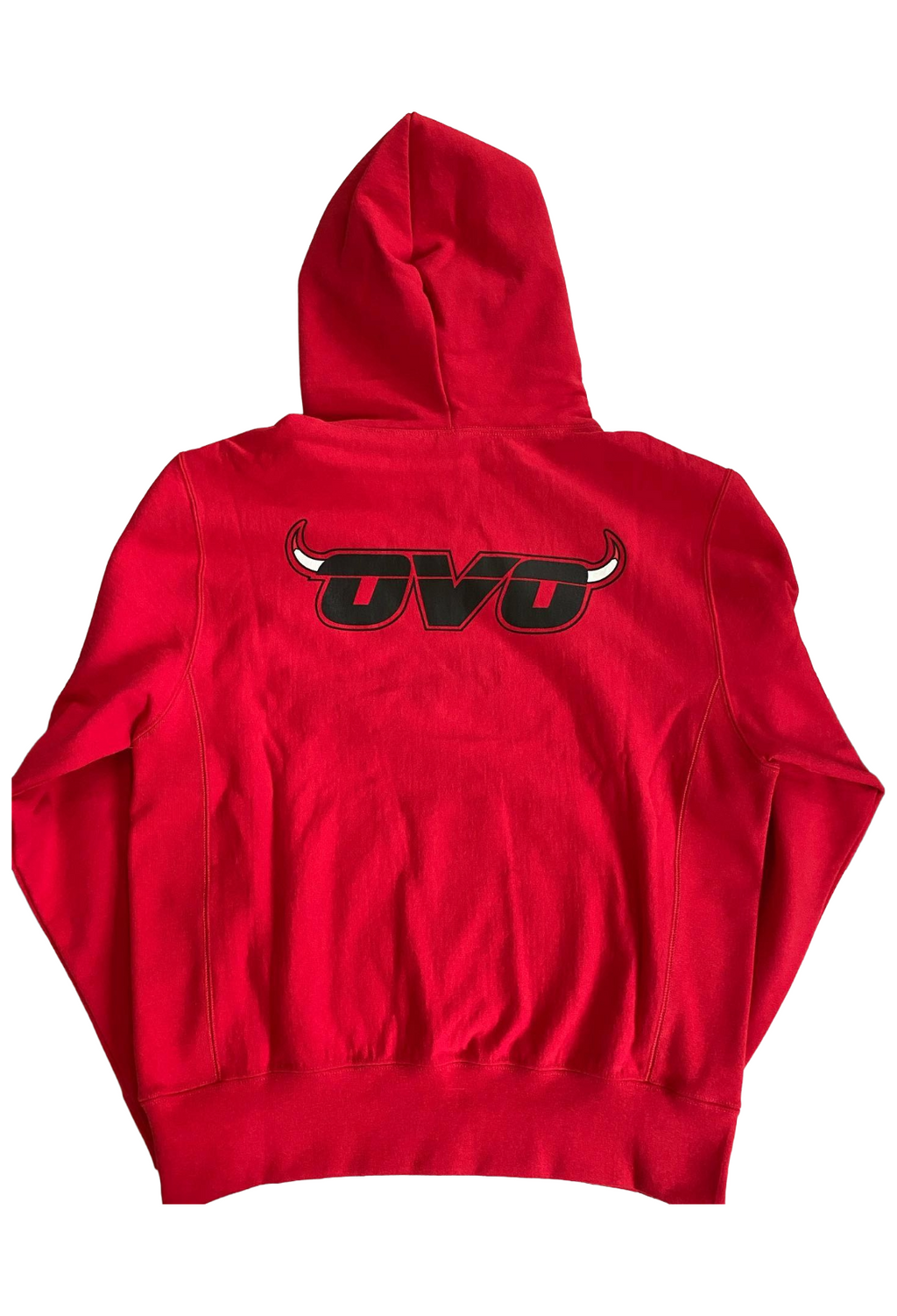 Red hoodie with 'OVO' logo on the back against a white background. OVO x NBA Chicago Bulls Hoodie