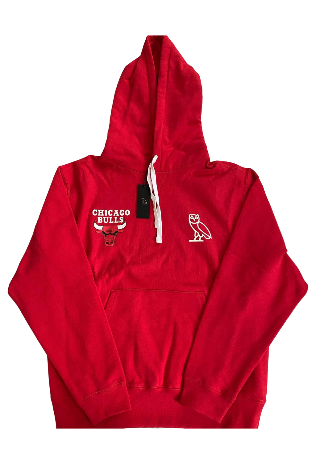 Red hoodie with Chicago Bulls logo and OVO branding on a white background. OVO x NBA Chicago Bulls Hoodie
