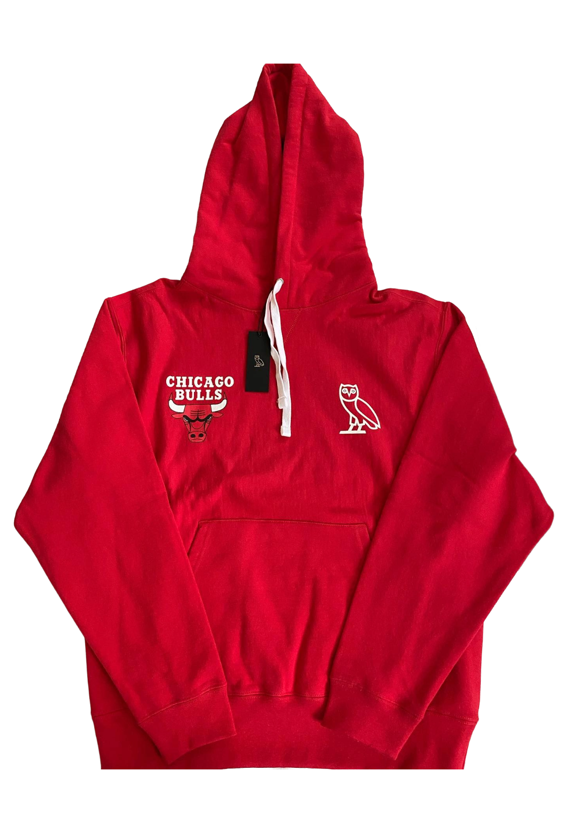 Red hoodie with Chicago Bulls logo and OVO branding on a white background. OVO x NBA Chicago Bulls Hoodie