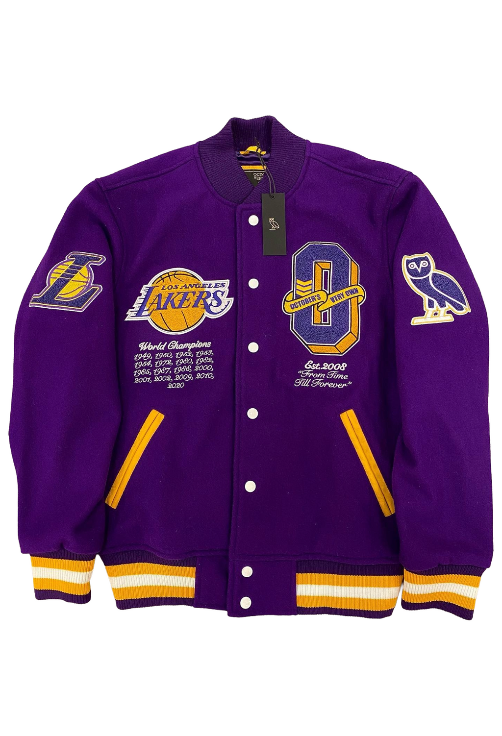 Purple jacket with sports team logos and text on a white background OVO x NBA Los Angeles Lakers Championship Wool Varsity Jacket