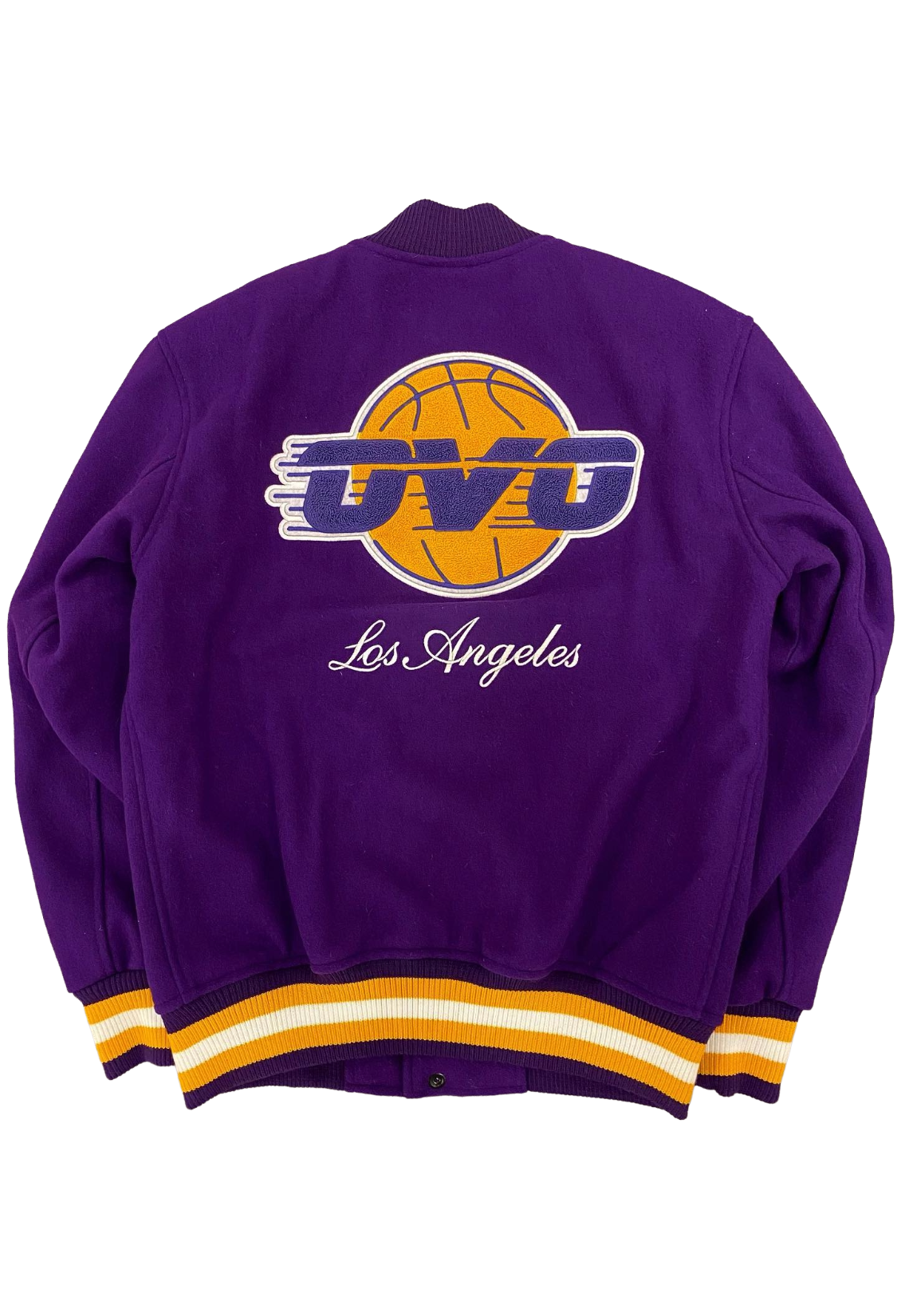 Purple jacket with a logo and text on the back, on a white background OVO x NBA Los Angeles Lakers Championship Wool Varsity Jacket