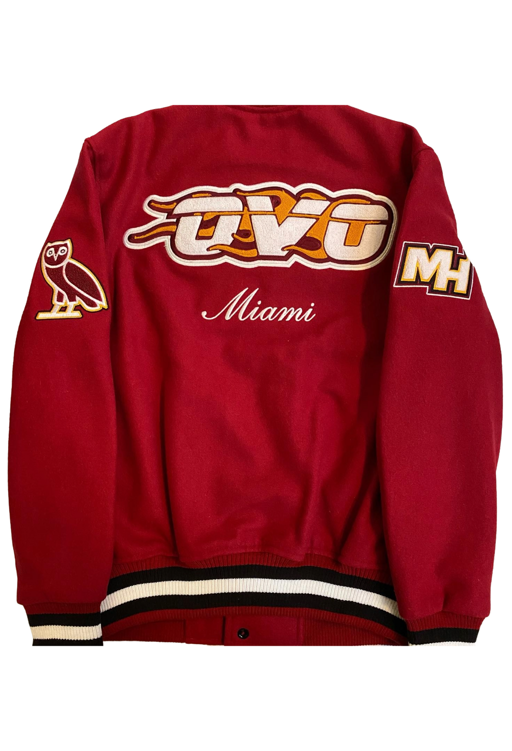 Red jacket with 'OVO' and 'Miami' text on a white background OVO x NBA Miami Heat Varsity Jacket