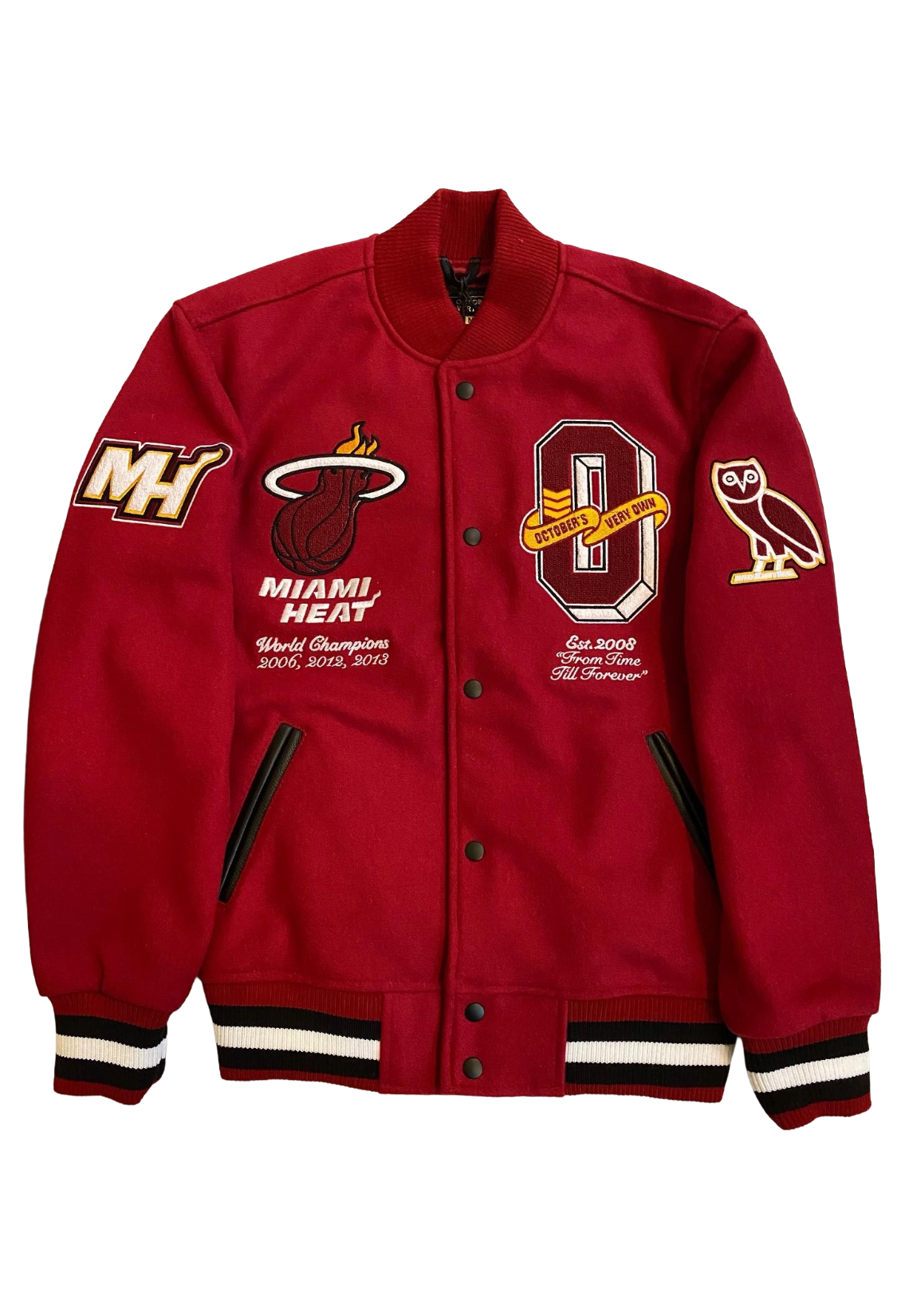 Red varsity jacket with multiple logos on a white background OVO x NBA Miami Heat Varsity Jacket