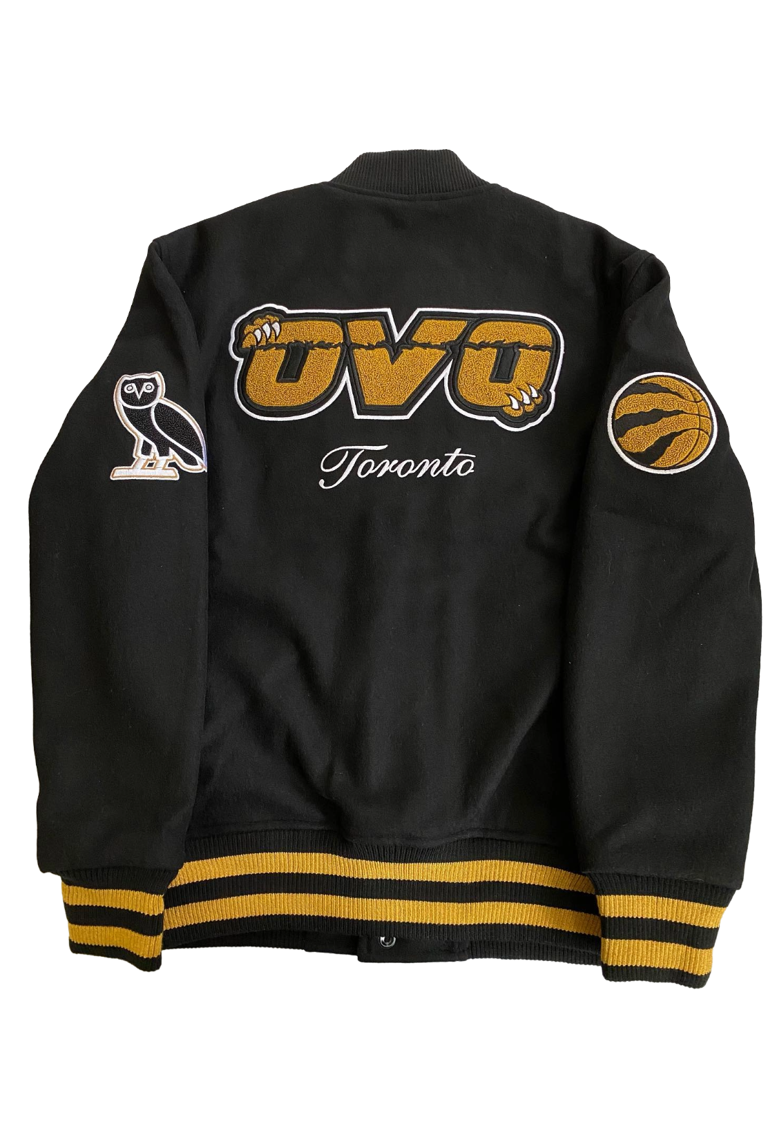 Black jacket with 'OVO' and 'Toronto' branding on a white background. OVO x NBA Toronto Raptors Champions Wool Varsity Jacket