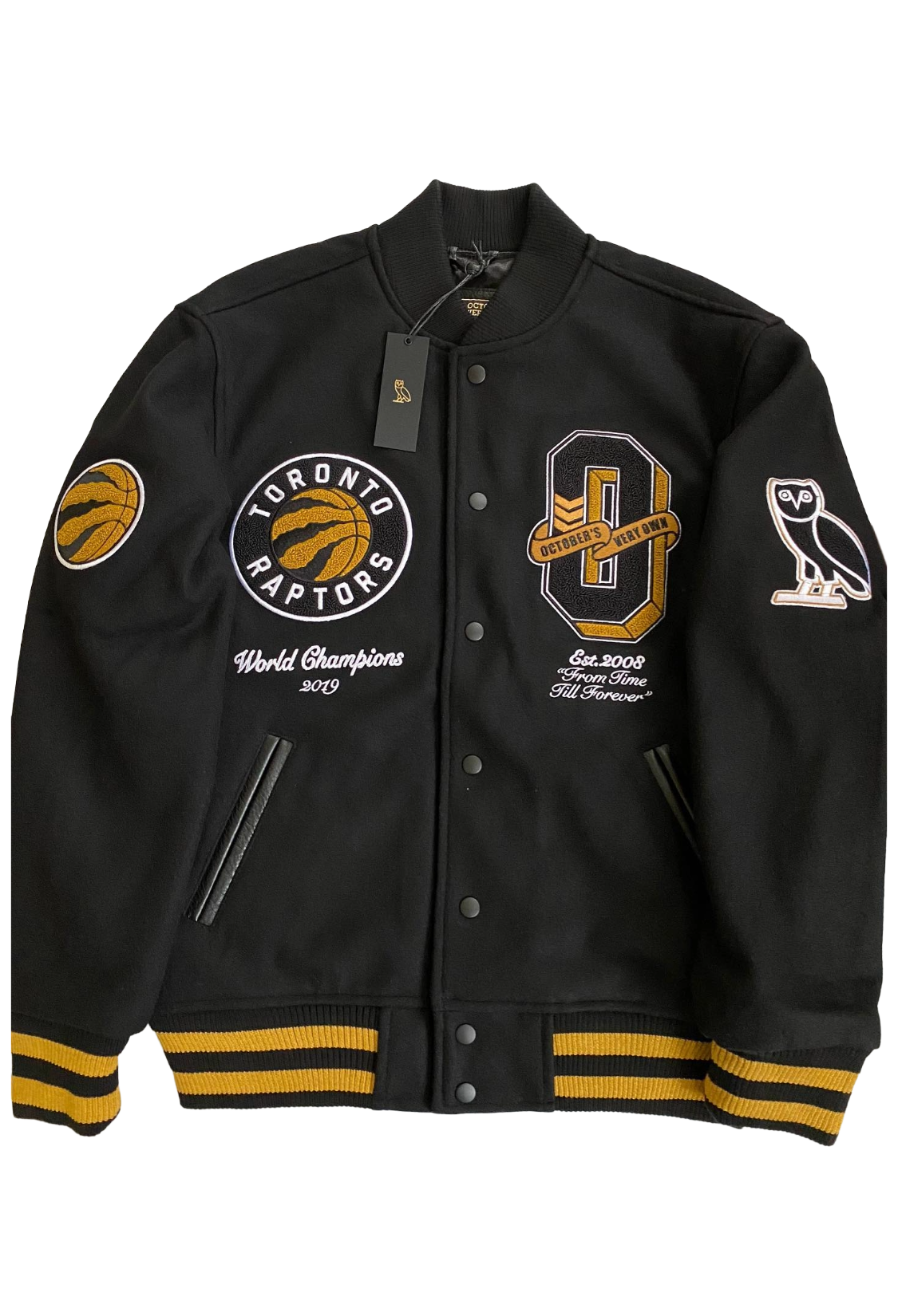 Black varsity jacket with multiple logos on a white background OVO x NBA Toronto Raptors Champions Wool Varsity Jacket