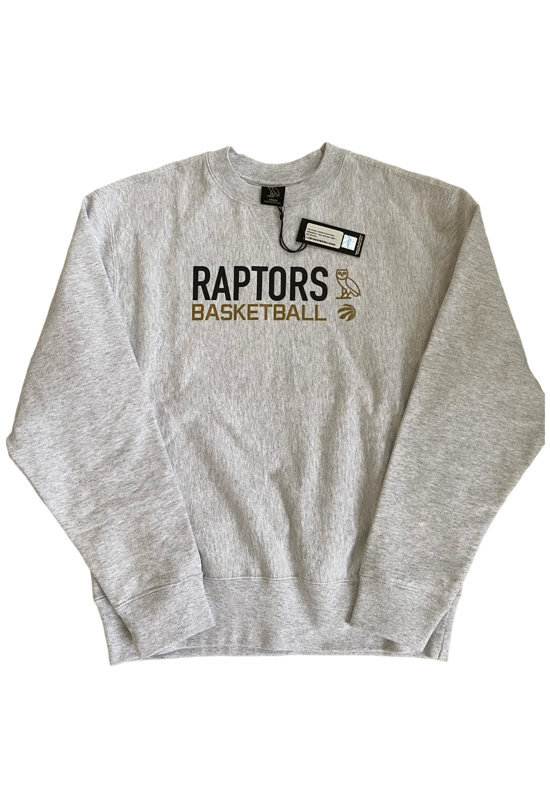 Grey sweatshirt with 'Raptors Basketball' text and logo on a white background OVO x NBA Toronto Raptors Crewneck 2021