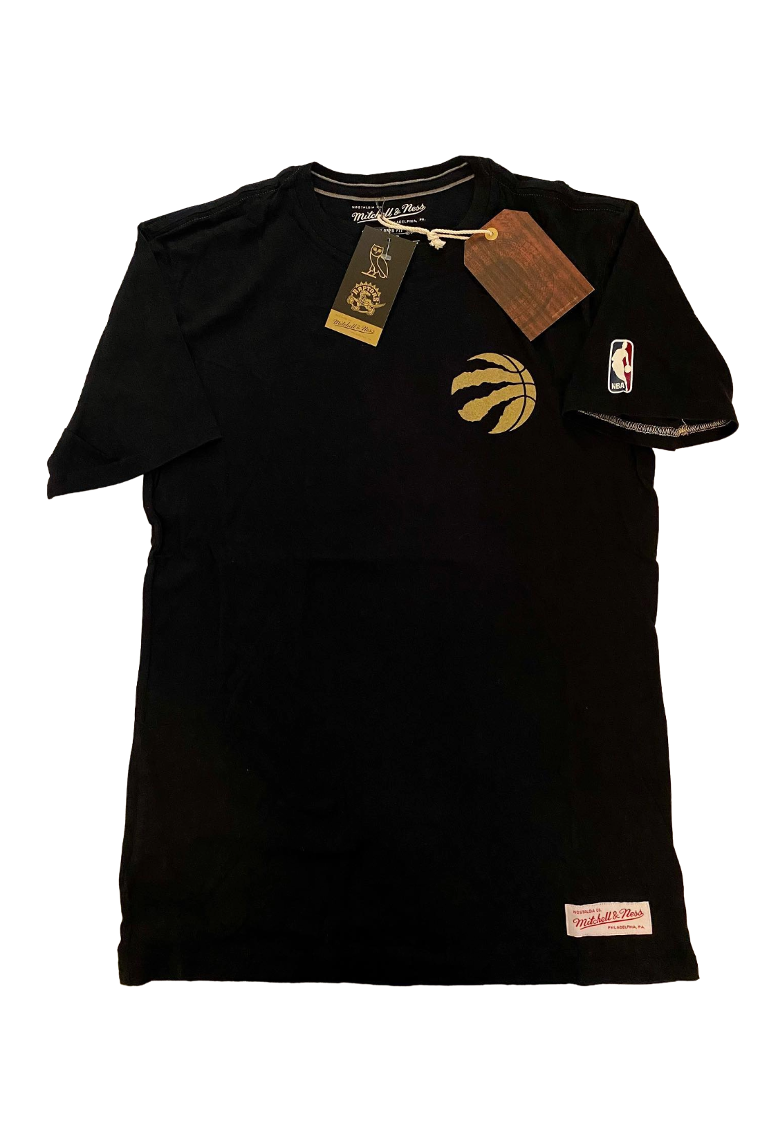 Black t-shirt with Raptors logos on a white background
