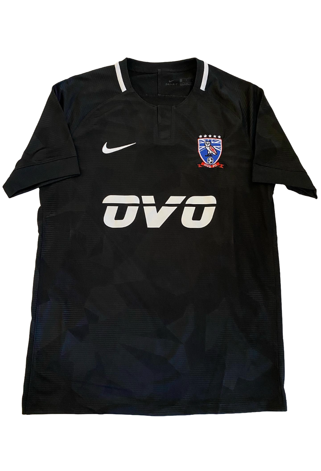 Black sports jersey with visible branding on a white background OVO x Nike Football/Soccer Jersey UK FC Wireless Wave 2019 Exclusive Friends & Family