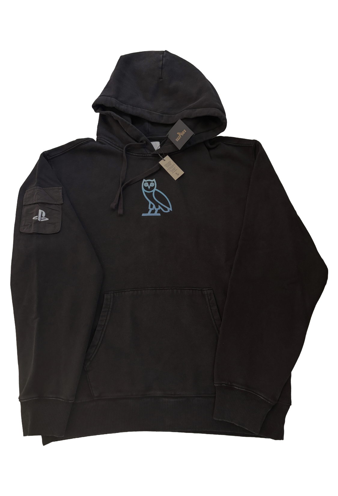Black hoodie with a small logo on a white background