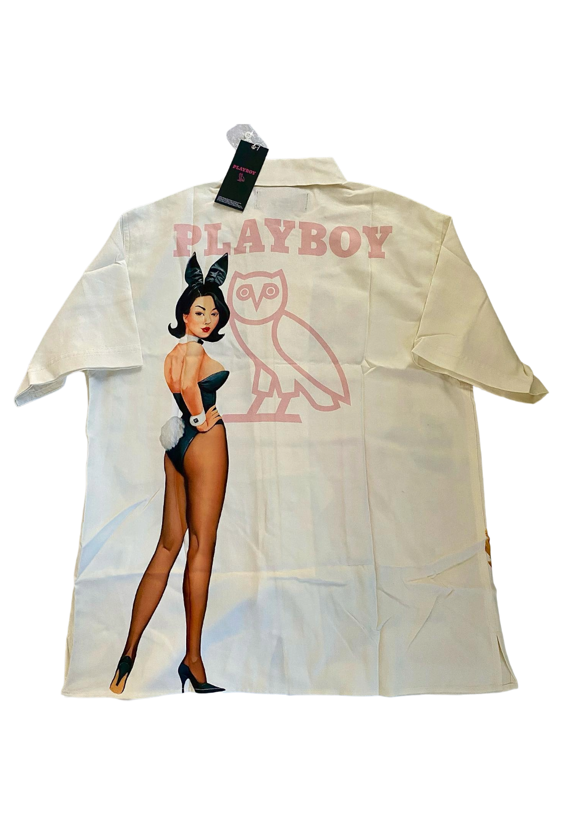 White shirt with Playboy and OVO logo on a white background