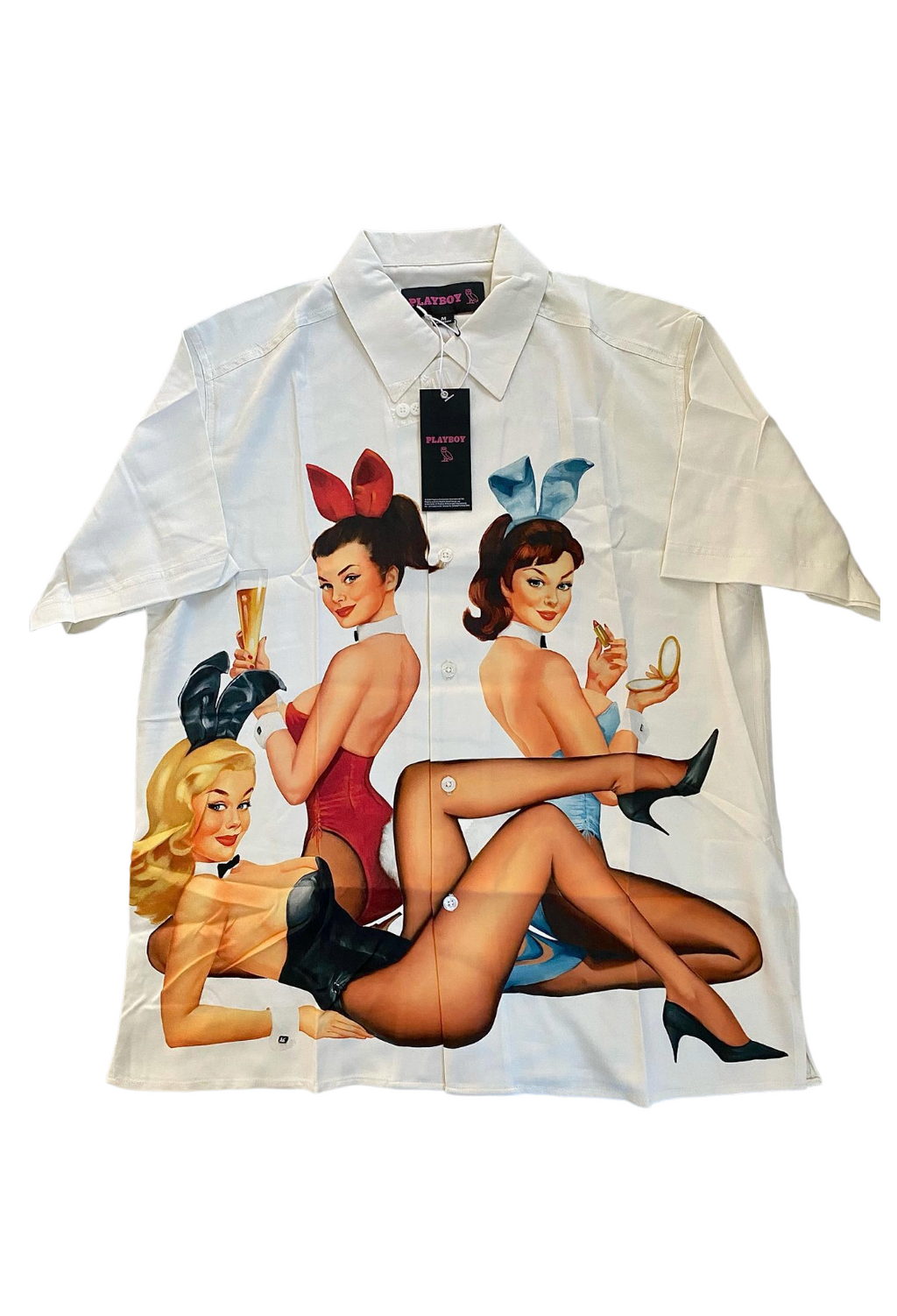 White shirt with vintage-style graphic of women in swimsuits and high heels on a white background