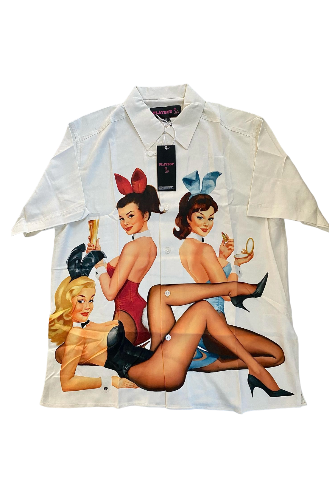 White shirt with vintage-style graphic of women in swimsuits and high heels on a white background