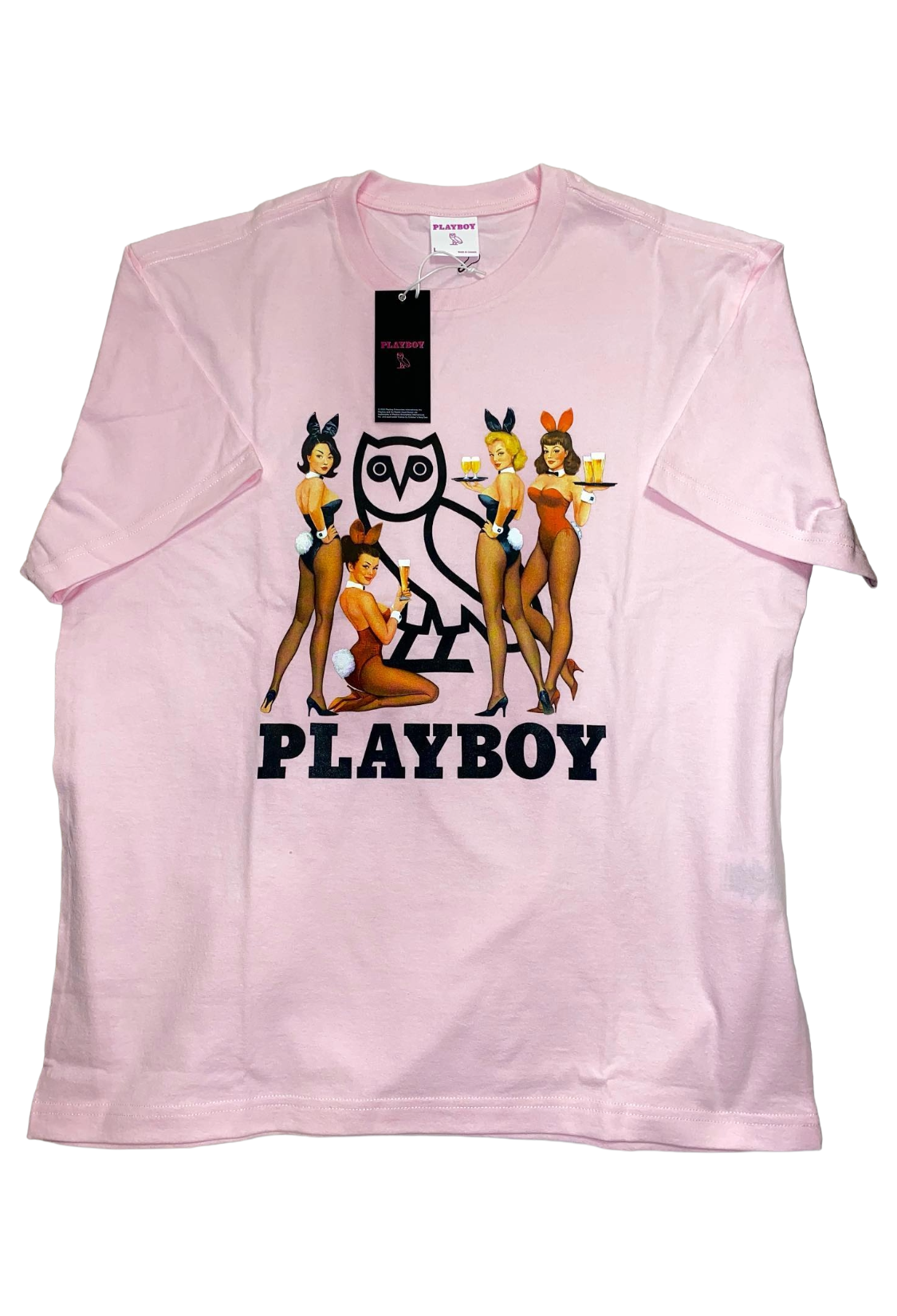 Pink t-shirt with Playboy graphic design on a white background OVO x Playboy Bunny Tee 2022