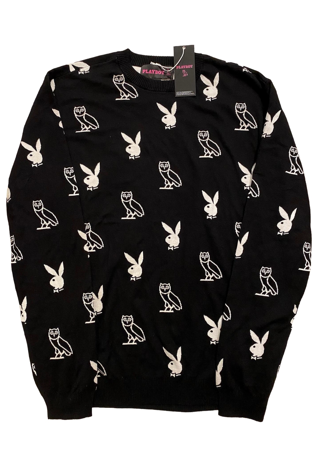Black sweater with white patterns on a white background OVO x Playboy Intarsia Monogram Sweater