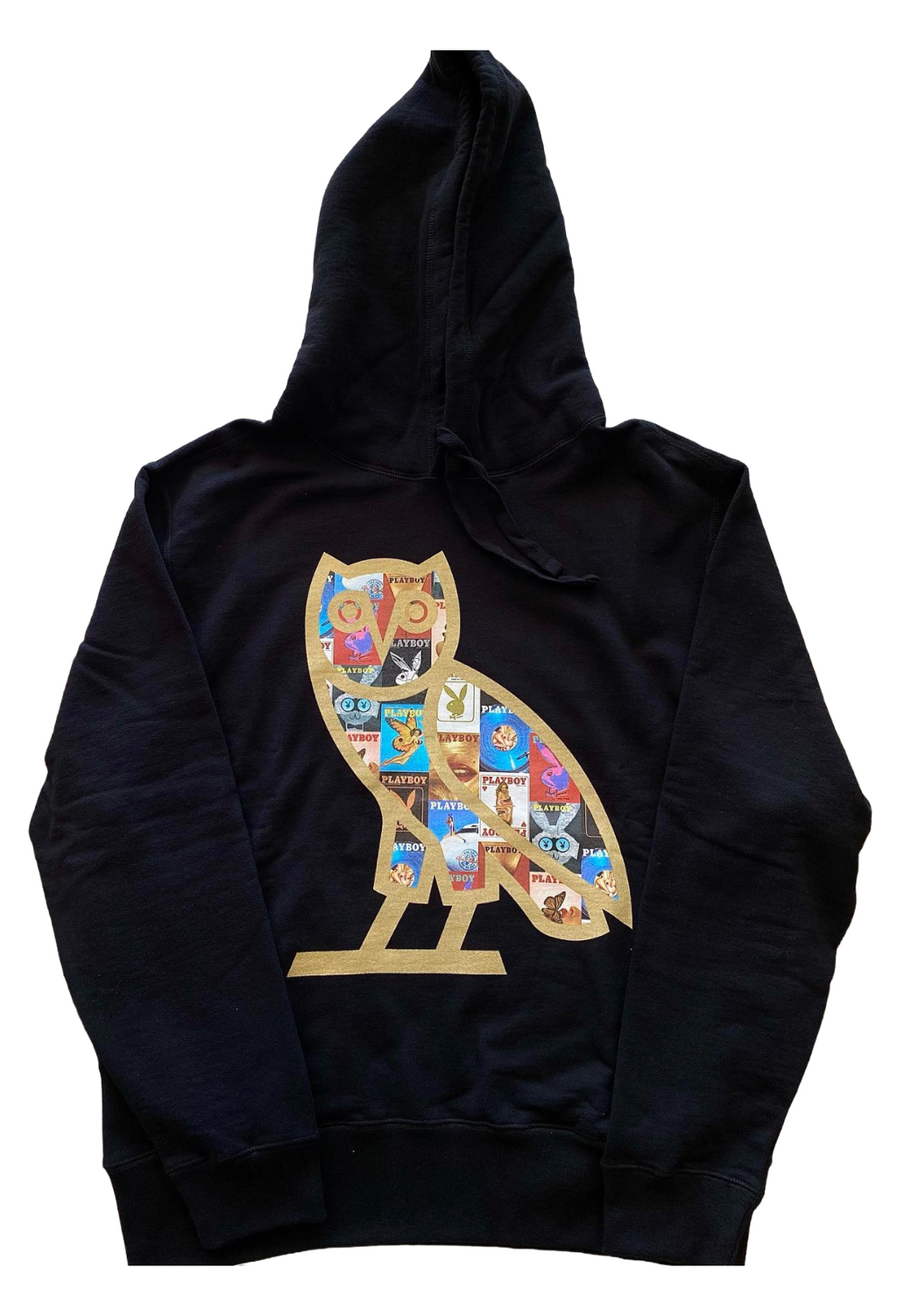 Black hoodie with a colorful owl design on a white background OVO x Playboy OG Owl Magazine Hoodie