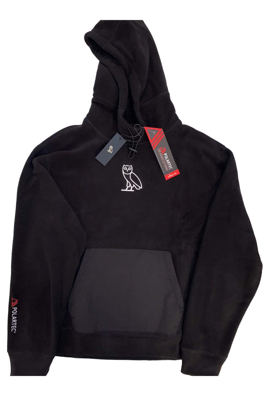 Black hoodie with a brand logo on a white background OVO x Polartec Classic Owl Microfleece Hoodie