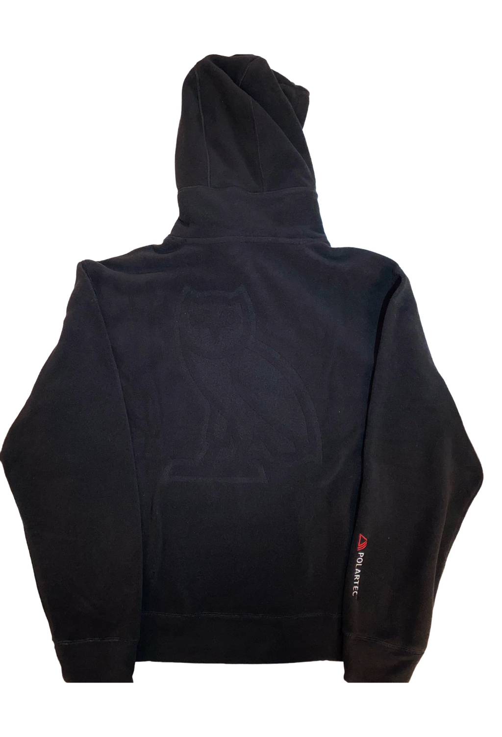 Black hoodie with a visible brand logo on the sleeve against a white background OVO x Polartec Classic Owl Microfleece Hoodie