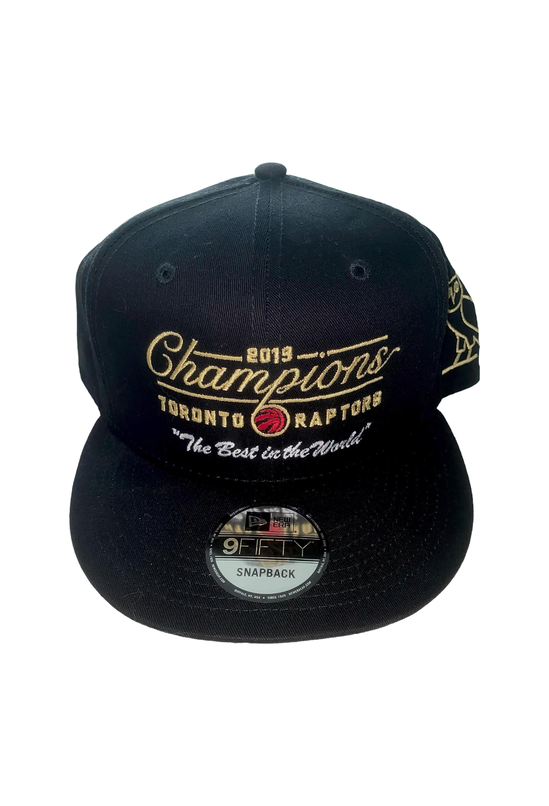 Black cap with gold text and logo on a white background