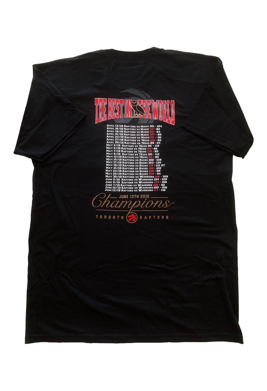 Black t-shirt with text and logo on the back, displayed on a white background
