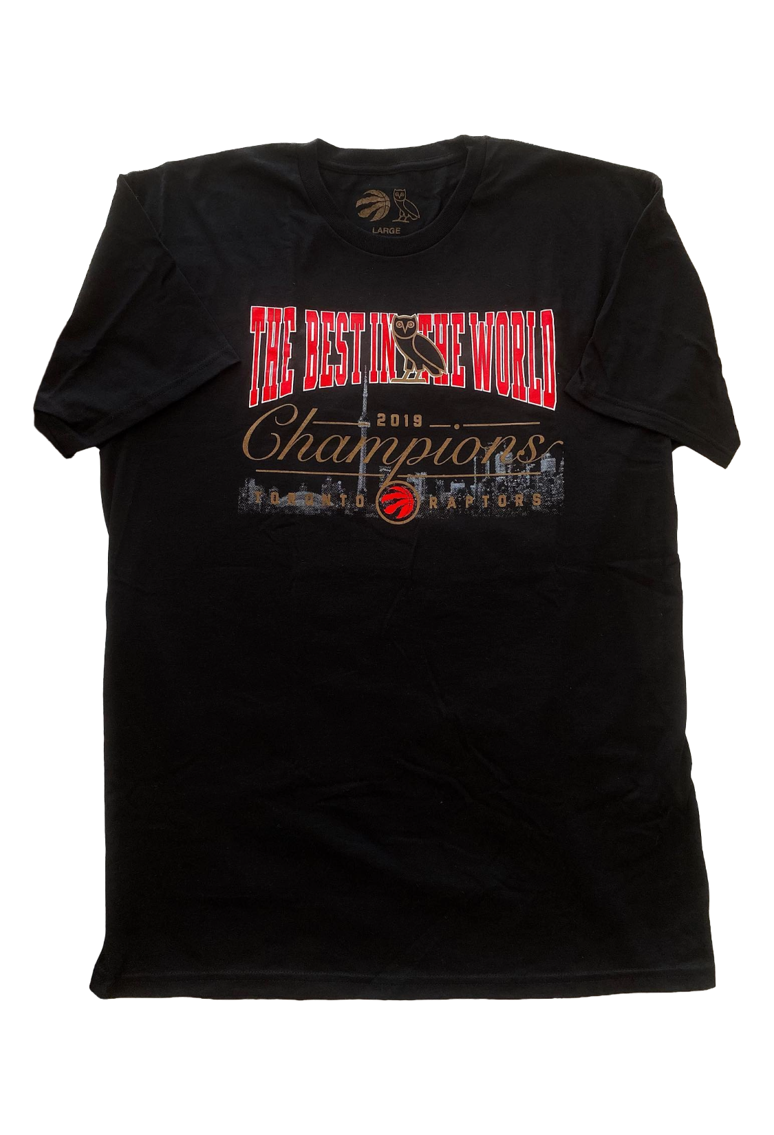 Black t-shirt with 'The Best in the World Champions' text and graphics on a white background