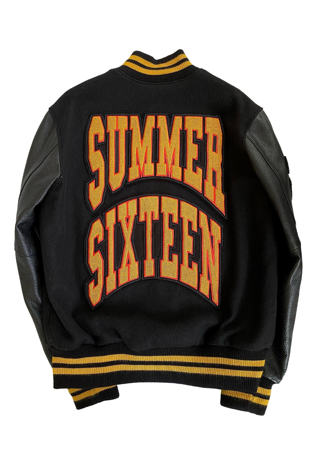 Black jacket with 'Summer Sixteen' text in yellow on a white background OVO x Roots Summer Sixteen Tour Varsity Jacket 2016 Friends & Family Exclusive