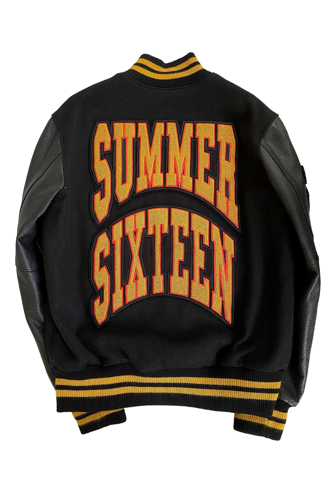 Black jacket with 'Summer Sixteen' text in yellow on a white background OVO x Roots Summer Sixteen Tour Varsity Jacket 2016 Friends & Family Exclusive