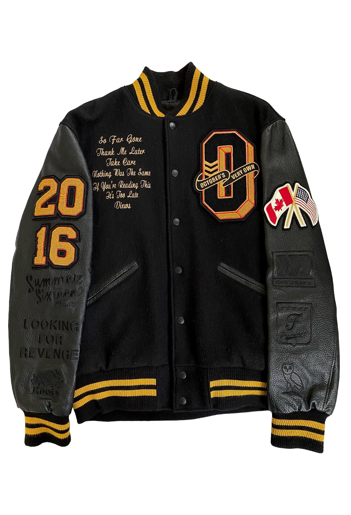 Black varsity jacket with yellow and gray accents on a white background OVO x Roots Summer Sixteen Tour Varsity Jacket 2016 Friends & Family Exclusive