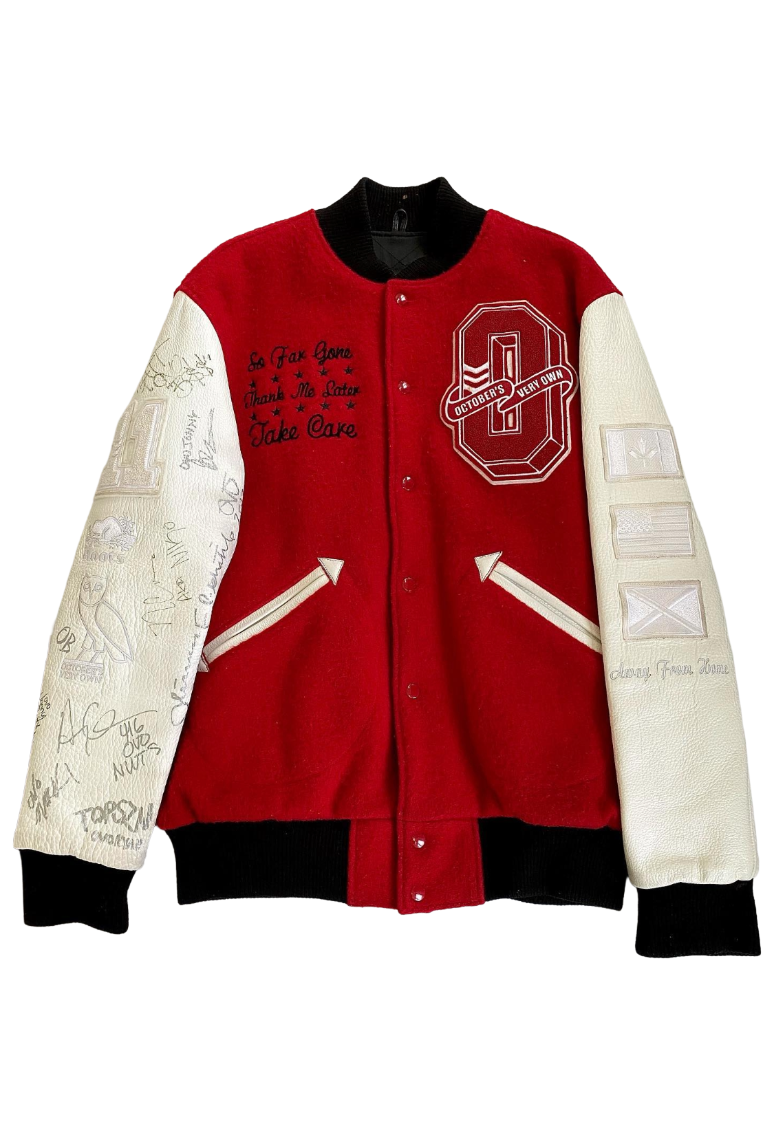Red varsity jacket with white and black sleeves on a white background OVO x Roots Take Care "Away From Home"