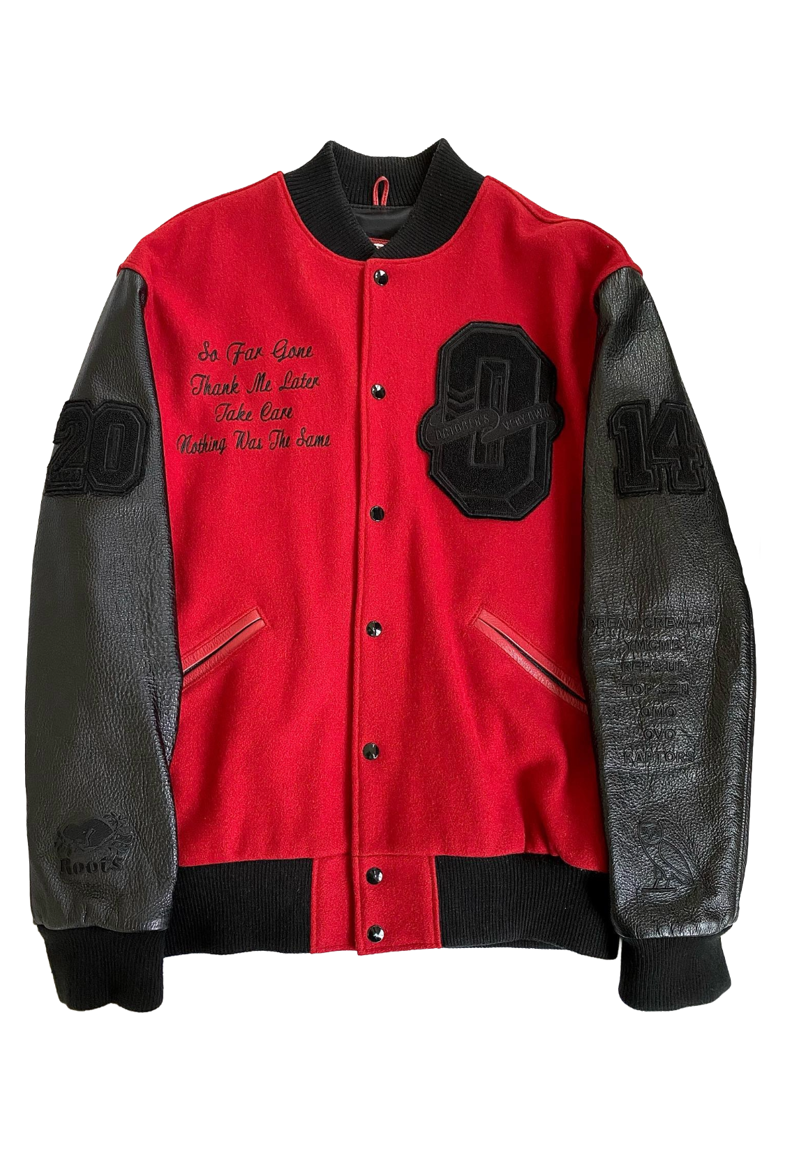 Red and black varsity jacket with text and numbers on a white background OVO x Roots Toronto Raptors Varsity Jacket Player Roster Exclusive
