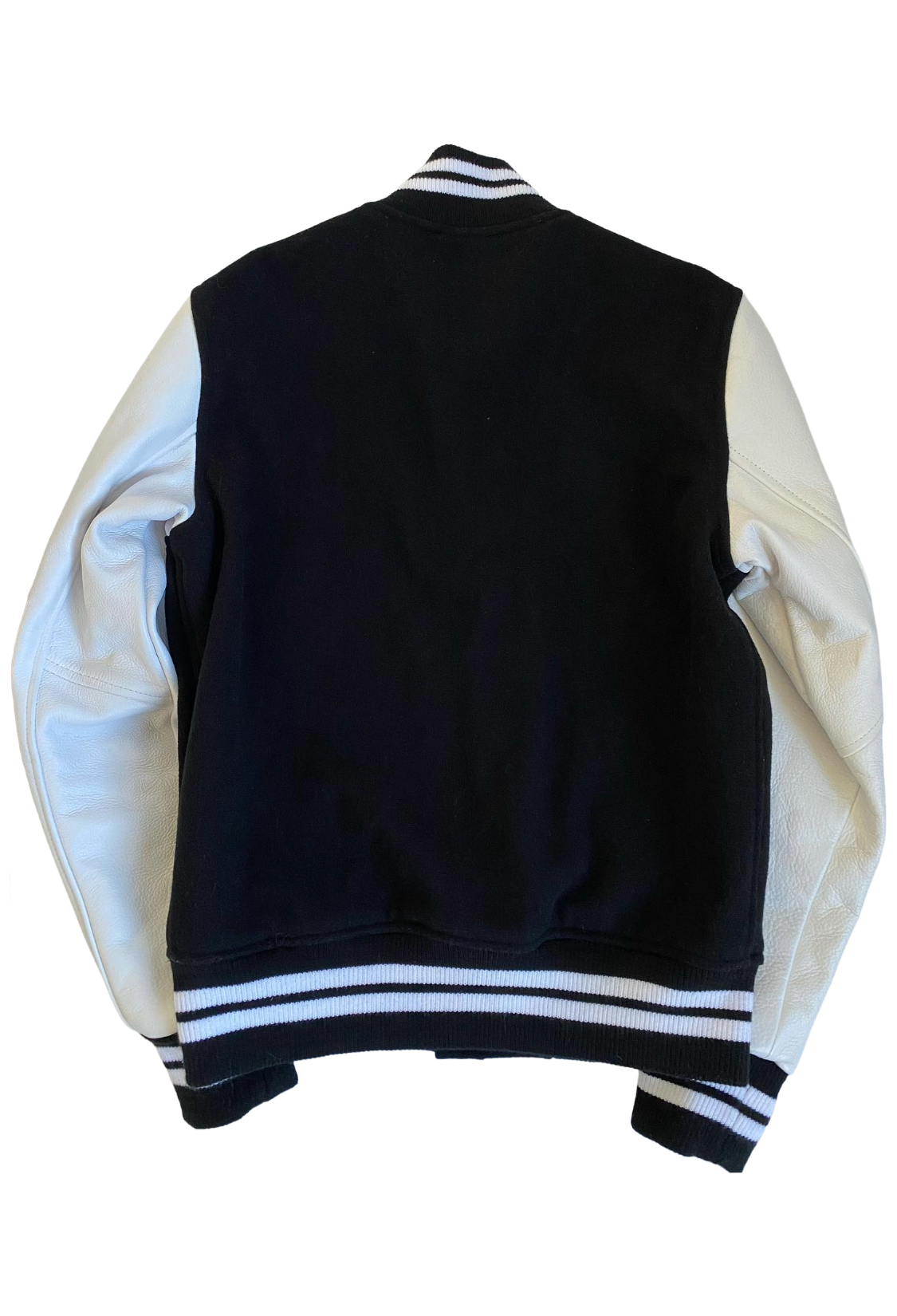Black and white varsity jacket on a white background OVO x Takashi Murakami Leather Wool Varsity Jacket