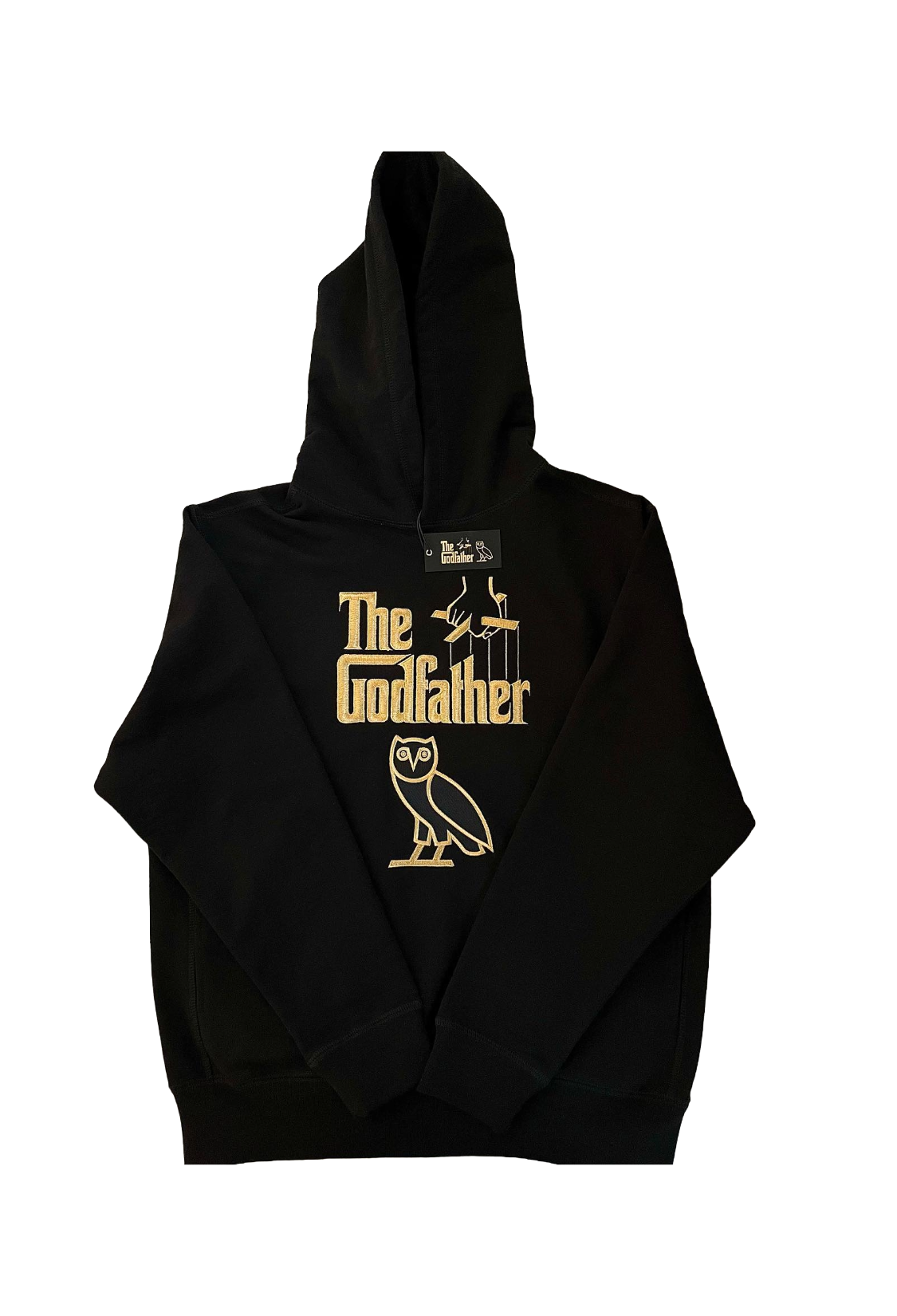 Black hoodie with 'The Godfather' and owl logo on a white background