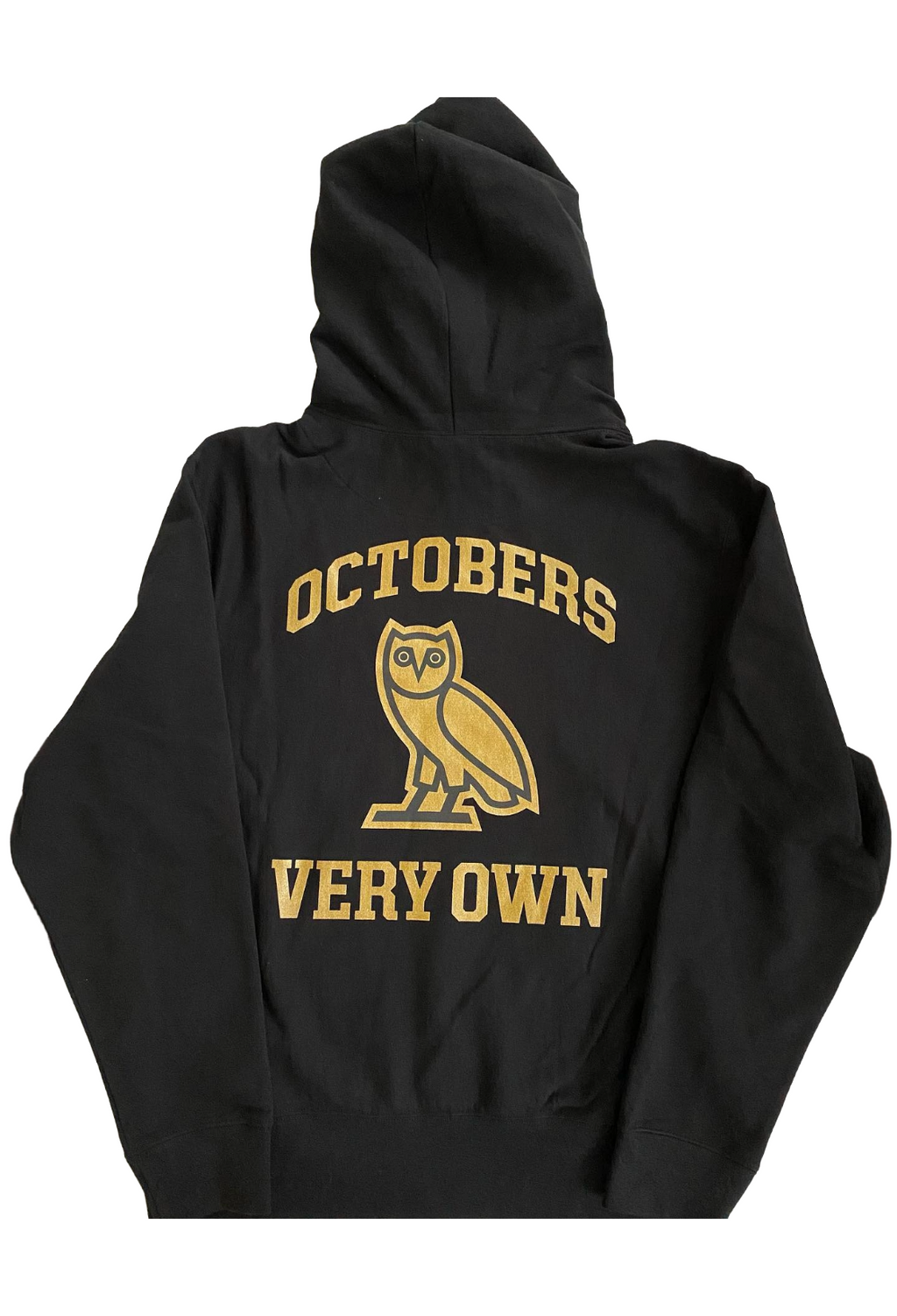 Black hoodie with 'OCTOBER'S VERY OWN' logo on the back against a white background OVO x UofT Hoodie 2021