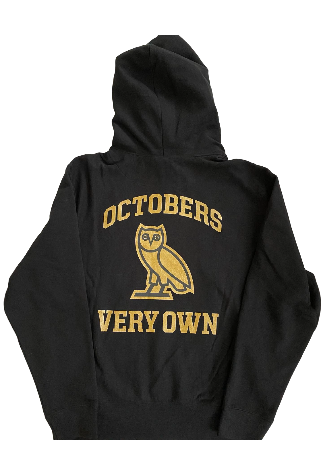 Black hoodie with 'OCTOBER'S VERY OWN' logo on the back against a white background OVO x UofT Hoodie 2021
