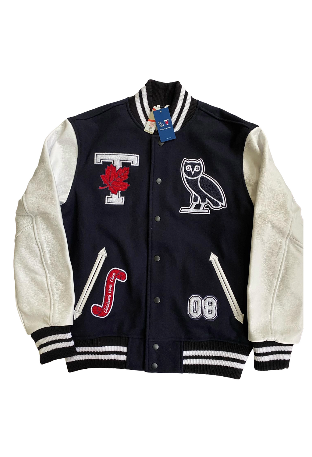 Blue and white varsity jacket with logos on a white background. OVO x UofT University of Toronto Leather Wool Varsity Jacket
