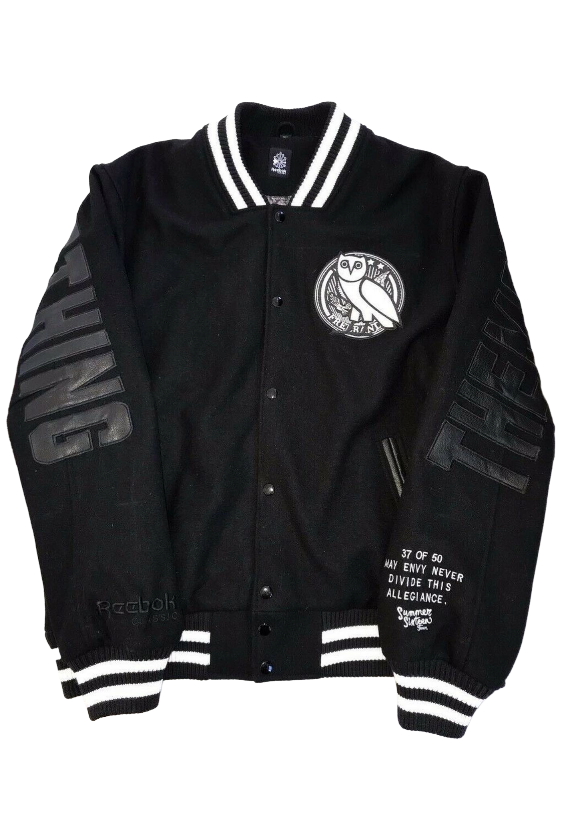 Black varsity jacket with white and gray text and logo on a white background. Reebok x Future Freebandz Summer Sixteen Tour Friends & Family / 50 Crew Unreleased