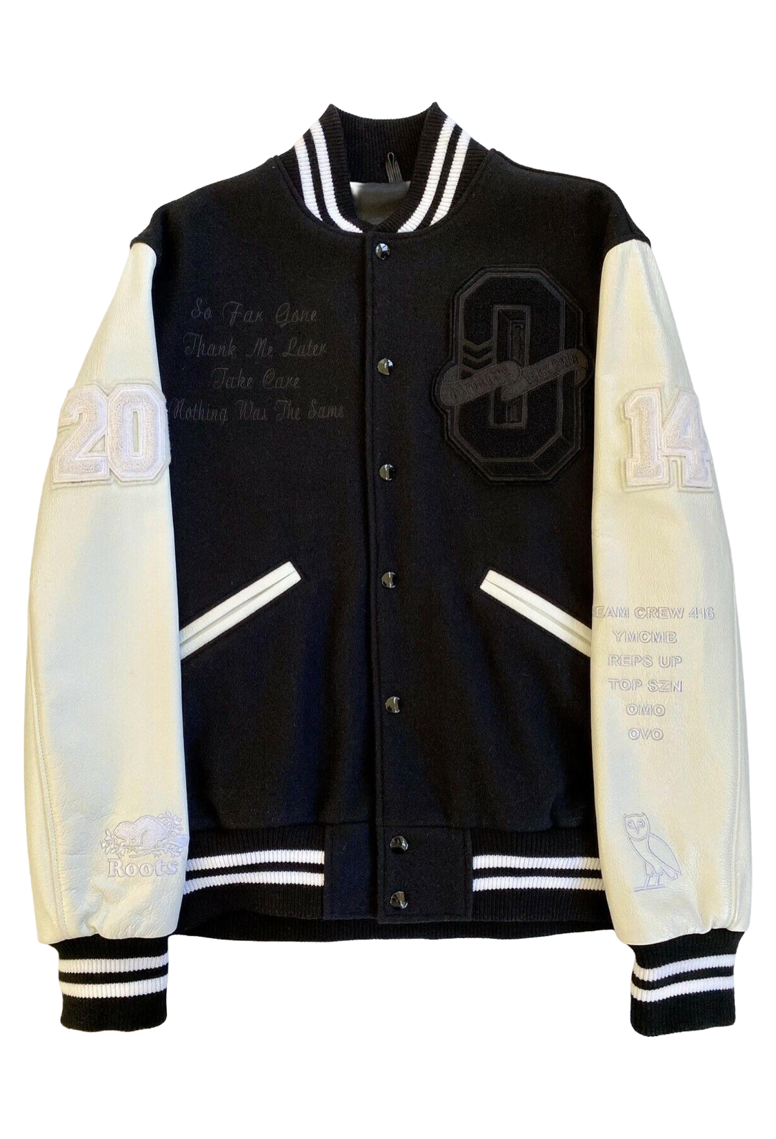 Black and white varsity jacket with text and logos on a white background. Roots x OVO Nothing was the Same Tour Varsity 2014