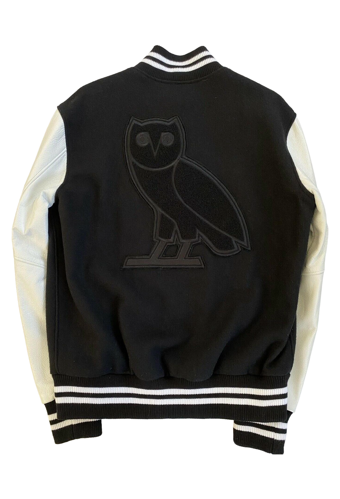 Black varsity jacket with white lettering and owl logo on a white background. Roots x OVO Nothing was the Same Tour Varsity 2014