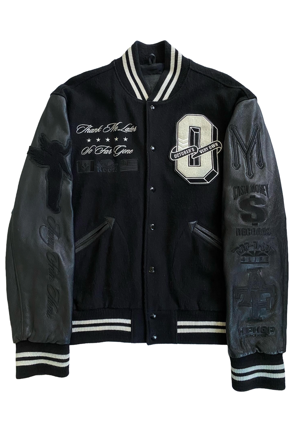 Black varsity jacket with gray sleeves featuring embroidered designs on a white background Roots x OVO So Far Gone/Thank Me Later Away From Home Tour Varsity 2010